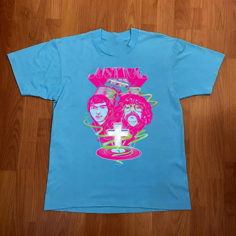 T-shirt bleu avec affiche de l'album du groupe New Justice, toutes tailles S 5Xl Am744