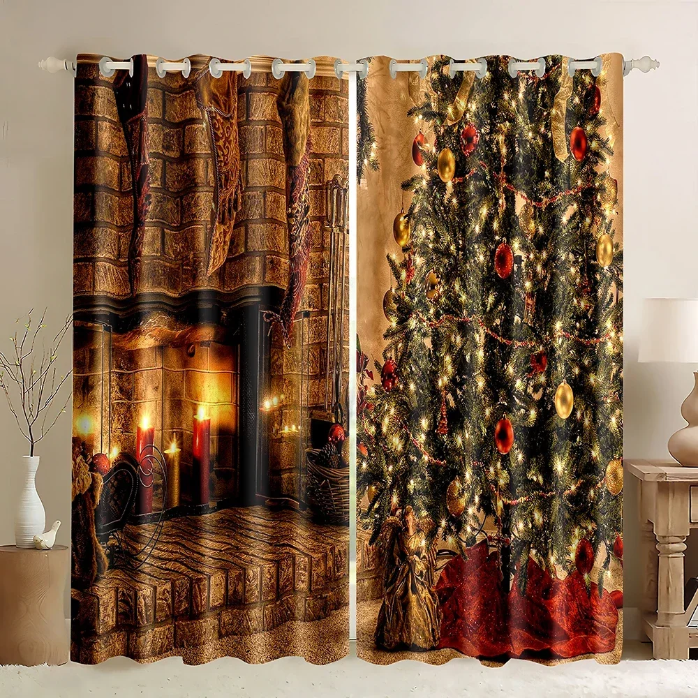 Christmas Window Curtain Xmas Tree Glitter Bokeh Print Curtains Home Decor Rod Pocket Blackout Curtains for Bedroom Living Room