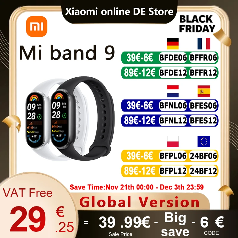 2024 New Global Version Xiaomi Mi Band 9 Smart AMOLED Screen Up To 21-Day Battery Life 150 + Sports Sleep Blood Oxygen Fitness