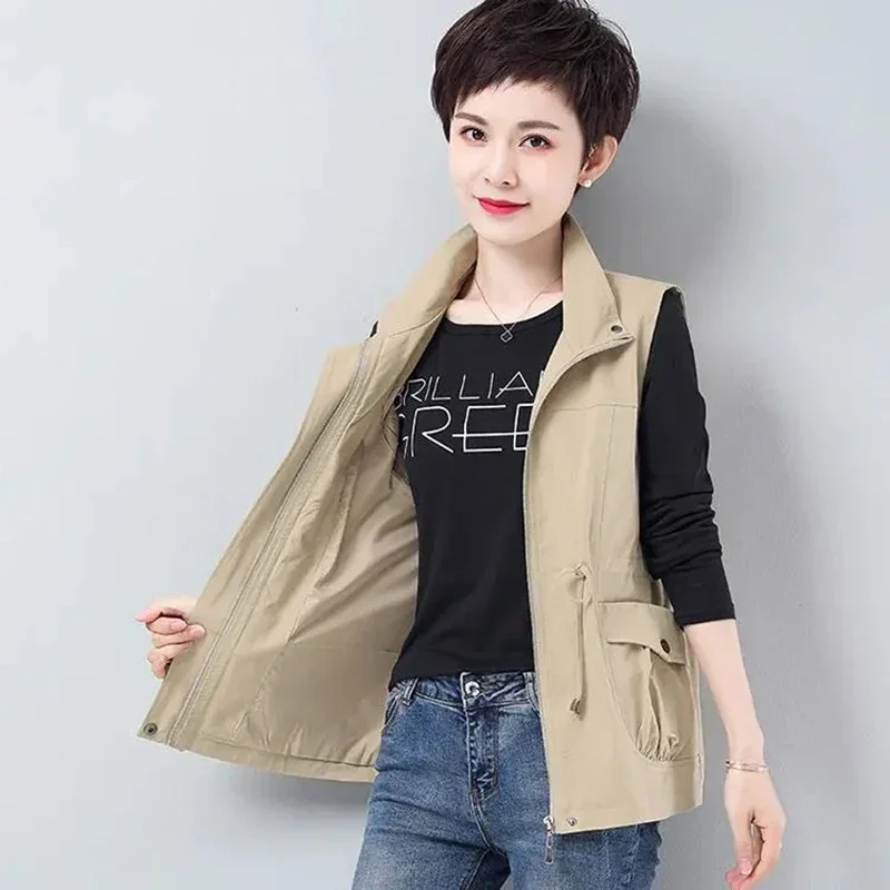 

Casual Drawstring Cargo Vest 2024 Spring Summr Sleeveless Jacket Fashion Zipper Short Chalecos Thin Oversize Waistcoat I152