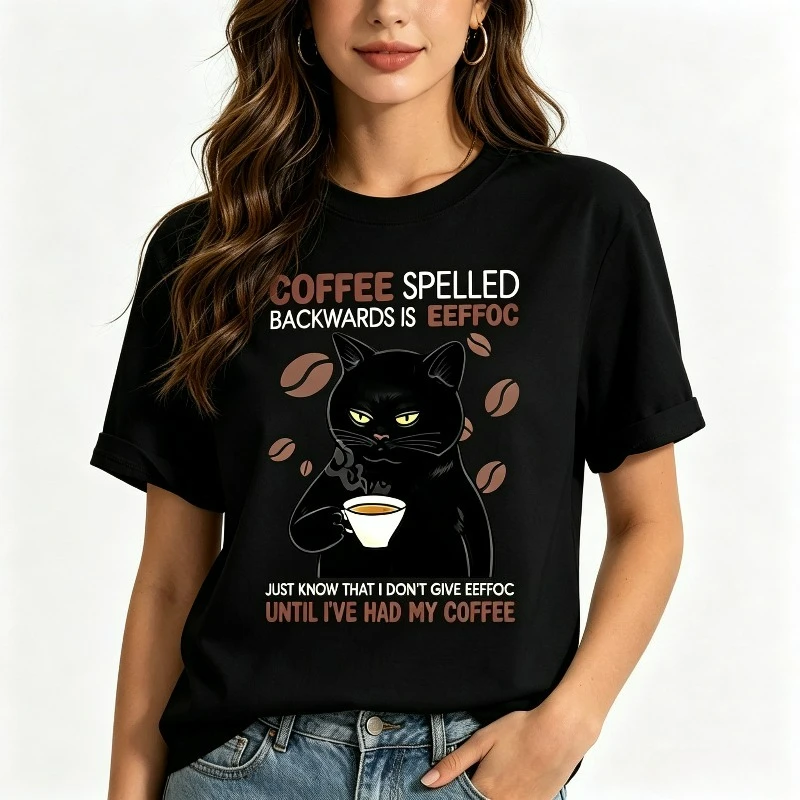 Women's Funny Cat Coffee T-shirt, 'Coffee Spelled Backwards is Eeffoc' Print Casual Tee, Black and White Options