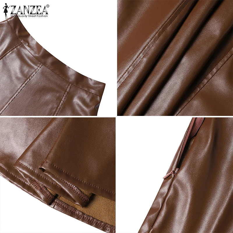ZANZEA Women PU Leather Midi Jupes Winter Autumn Elegant Casual Loose High Waist Skirt Solid Office Skirt High Waisted Falda