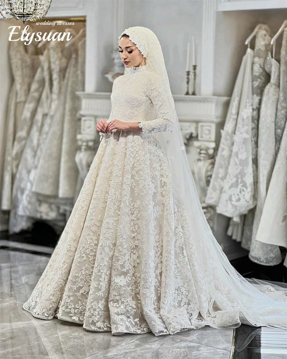 

Customized Luxury White Tulle Applique Wedding dresses A-line High Collar Long Dresses Elegant Temperament Vestidos De Novia