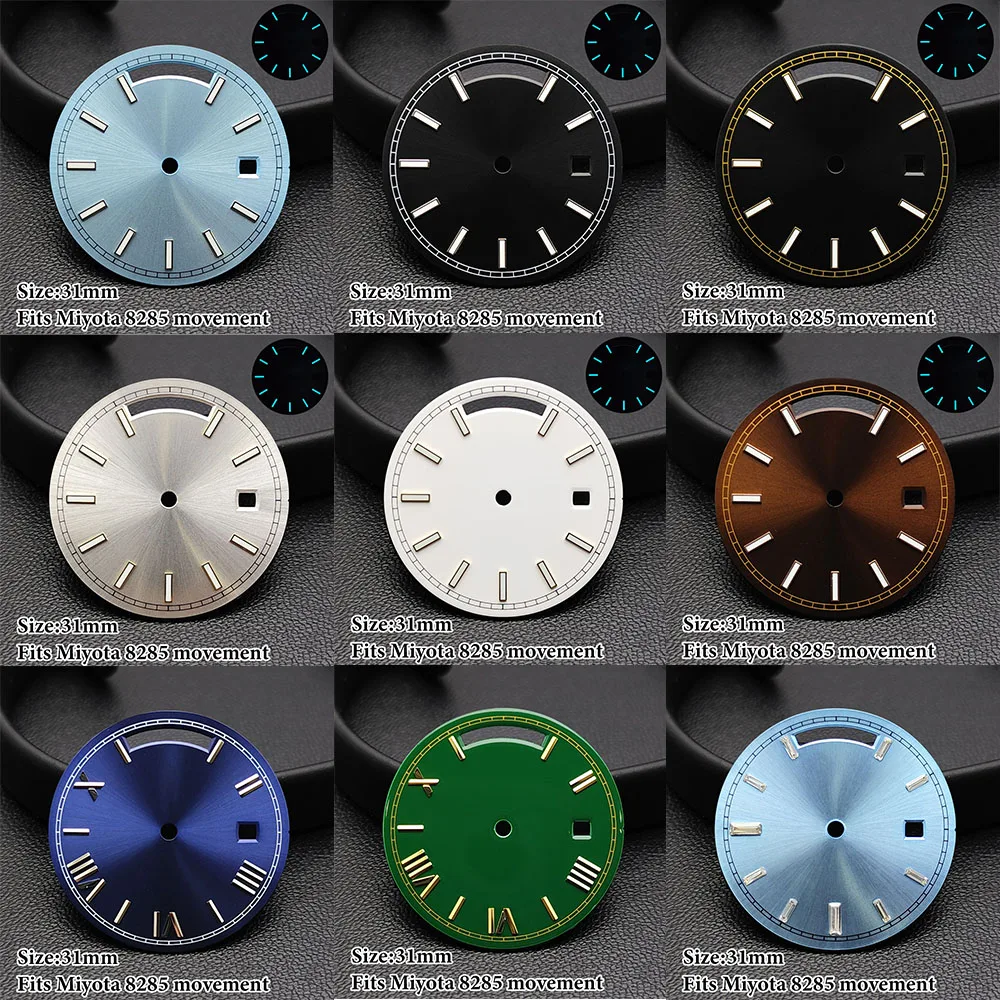 31mm Dial Day And Date Arab Sunray Dial Blue-green Luminous For Miyota 8285 Movement High Quality Watch Modification Accessories