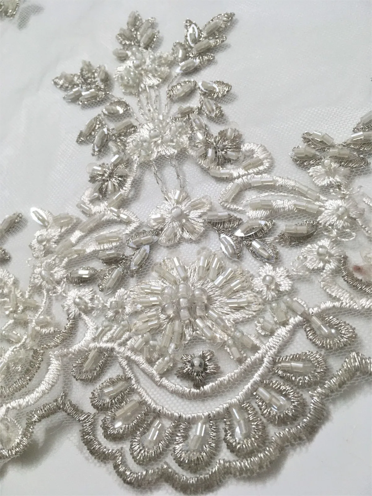 Luxury Handmade Beaded Applique Bridal Lace Fabric Silver Embroidery Flowers and Leaves Sequins High-end Dress Fabric Lace LW013