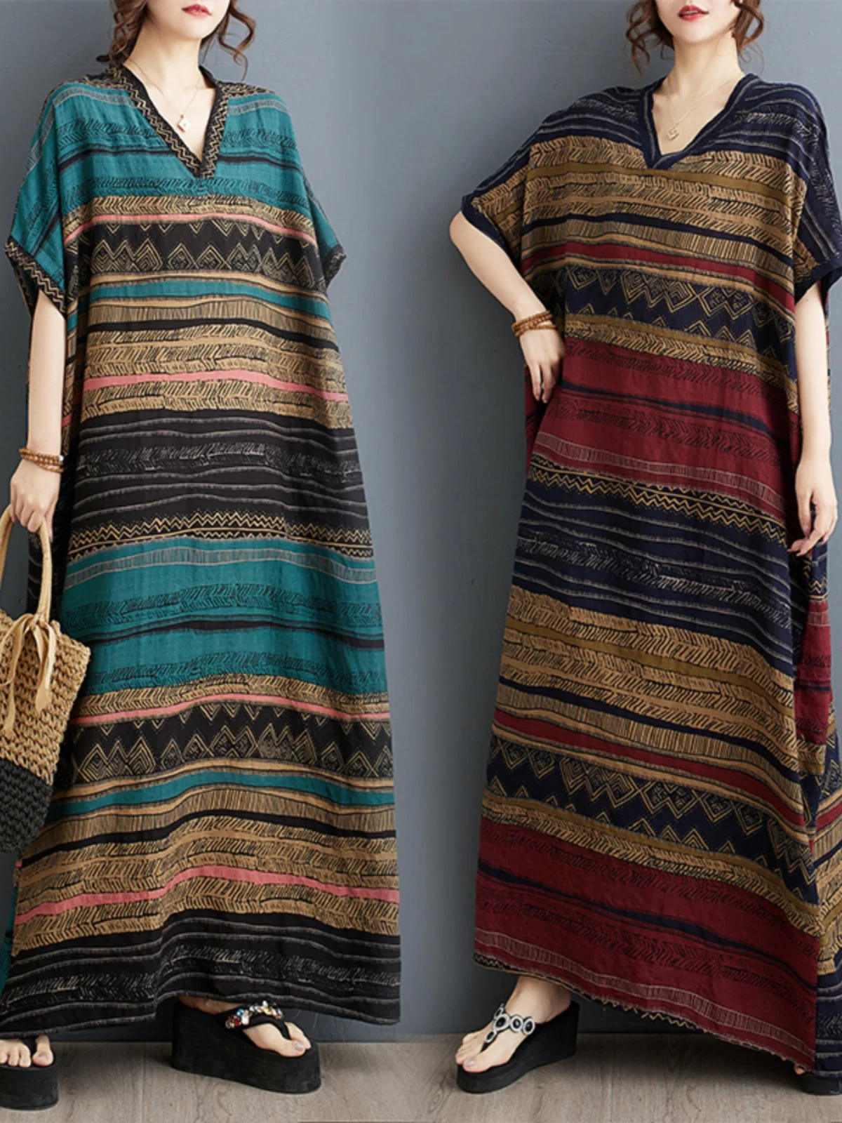 

Свободное женское летнее платье макси с V-образным вырезом, из хлопка, в полоску, с высокой талией, рукавами «летучая мышь», простого стиля