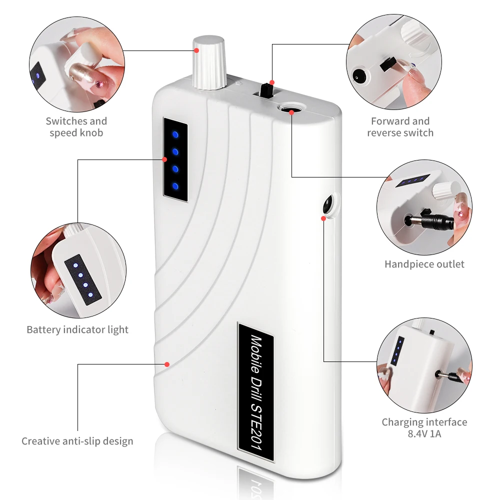 Rechargeable Electric Nail Polisher, Portable 35000 RPM Nail Drill with 12 Pcs Sand Rubbing Strips & Grinding Head Set for Salon