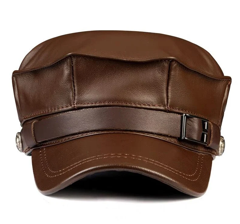 Winter Echt leder Mütze Herren flache Kappen Armee Militär hut Gürtel elegante Mann Baseball mütze britische Vintage Rindsleder Ohr warmen Hut – Detail 4