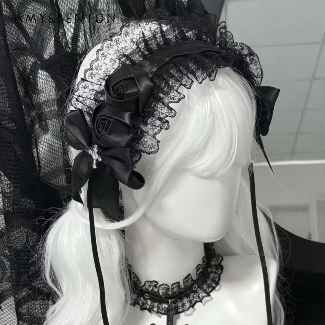 

Original Subculture Three-dimensional Rose Headbands for Women Lolita Lace Bow Head Band Goth Cross Headgear Hair Accessories