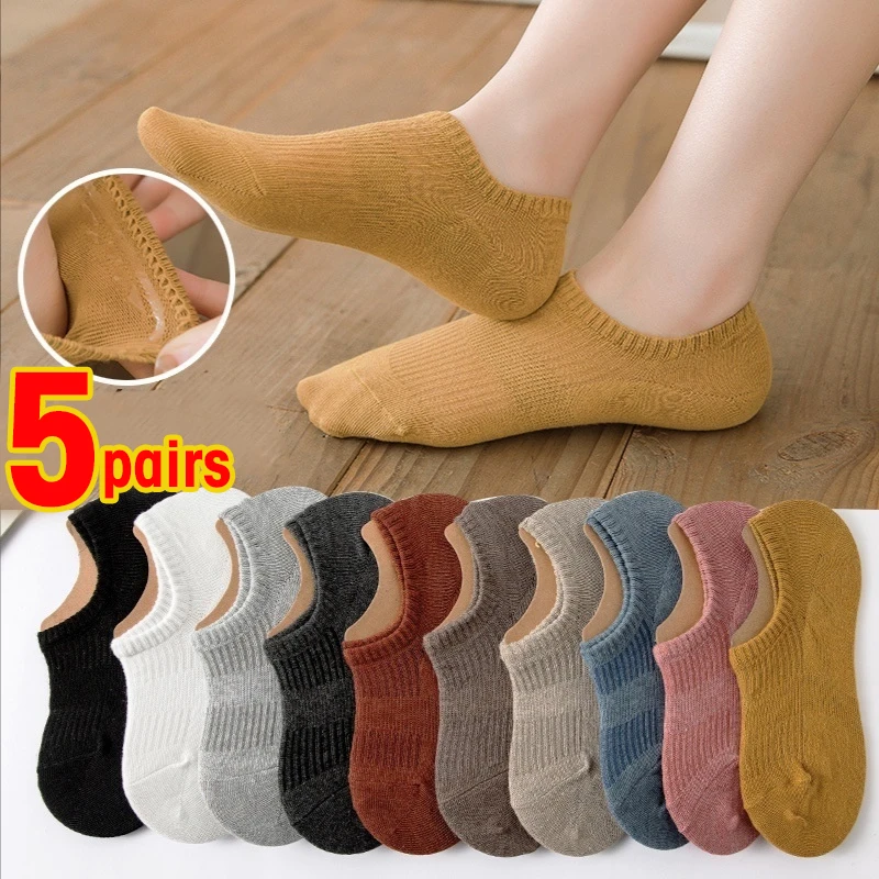 

5Pairs=10pcs Silicone Non-Slip Invisible Women's Cotton Sock Summer Ankle Candy Solid Color Soft Comfortable Slippers Boat Socks