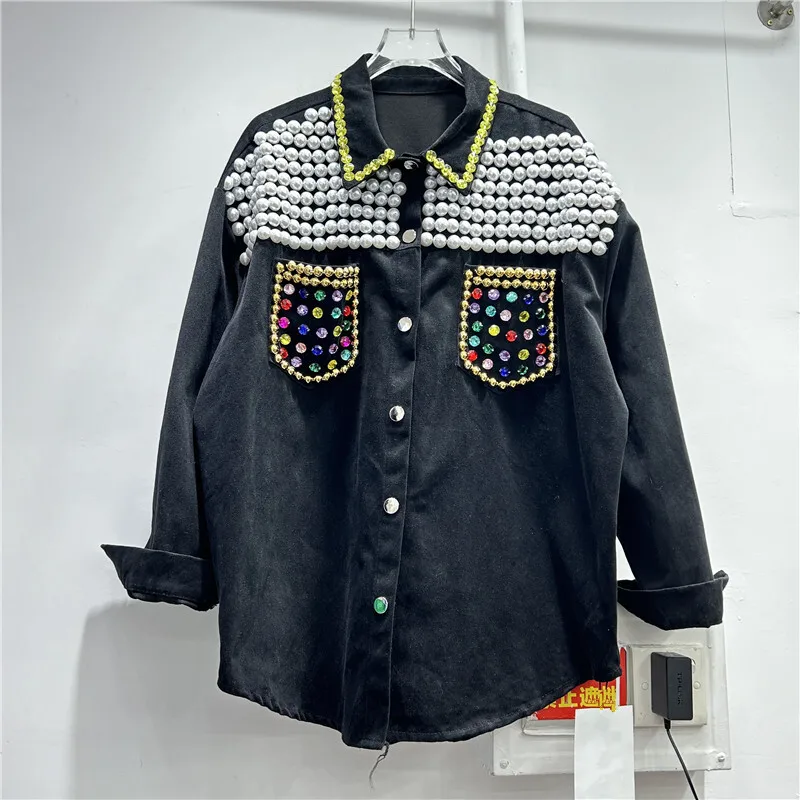 [ZOCI] Autumn New Heavy Industry Nail Bead Design Explosive Street Denim Shirt Women's Loose Versatile Western-style