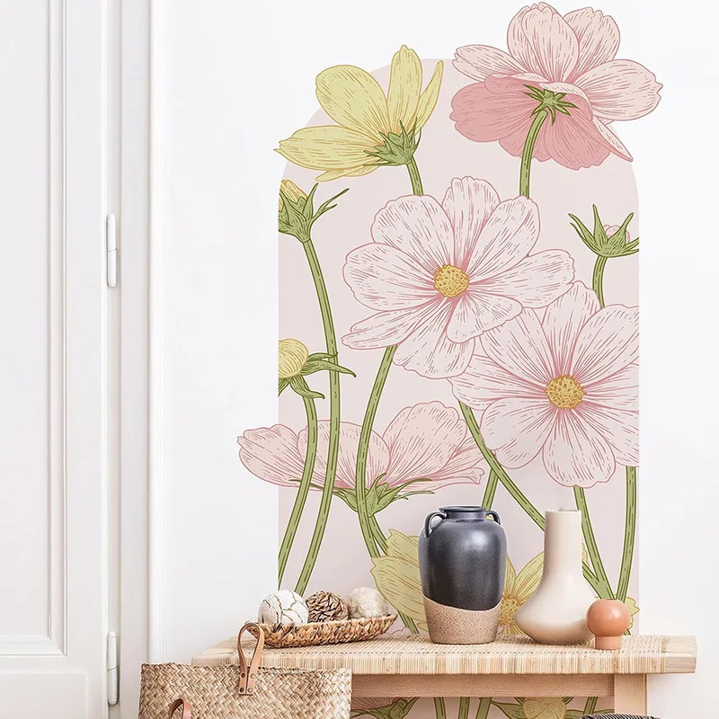 Bohemian Geometric Arch Wall Stickers with Plants & Flowers Self-adhesive PVC DIY Wallpaper for Bedside Decoration