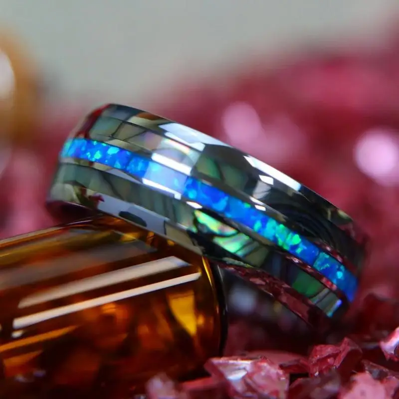 Fashionable Abalone Blue Opal Inlaid Dome Tungsten Wedding Ring with Mother of Pearl Inlaid 8Mm Men's and Women's Rings