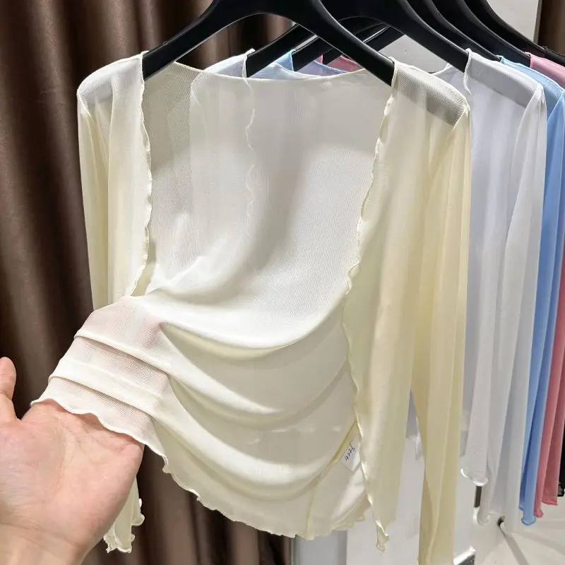 plus Size Ice Silk Shawl Thin Veil Sun Protection Women's Outerwear Cardigan Wooden  Mesh Cover up Short Sleeve T-Shirt