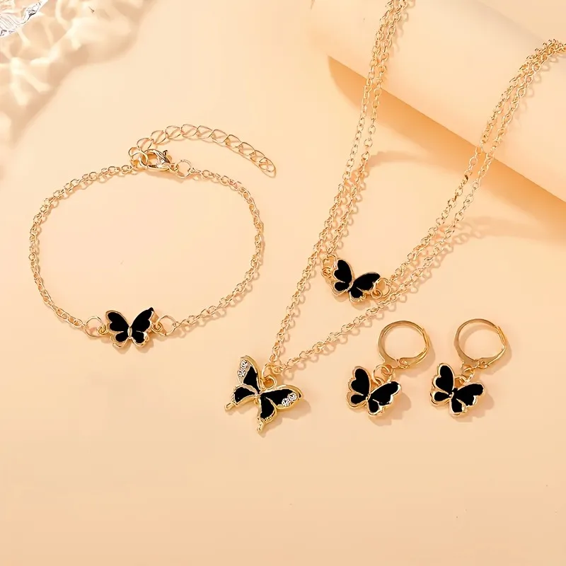 4-piece/set Personalized Black Color Butterfly Pendant Necklace, Bracelet Earrings, Women's Fashion Holiday Accessories Gift