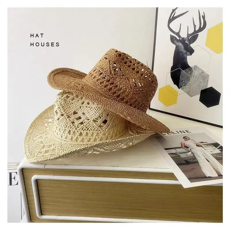 

Cap Summer Outdoor Men Women Hand Woven Caps Western Cowboy Straw Hats Wide Brim Breathable Beach Sun Protection Hat Gorras