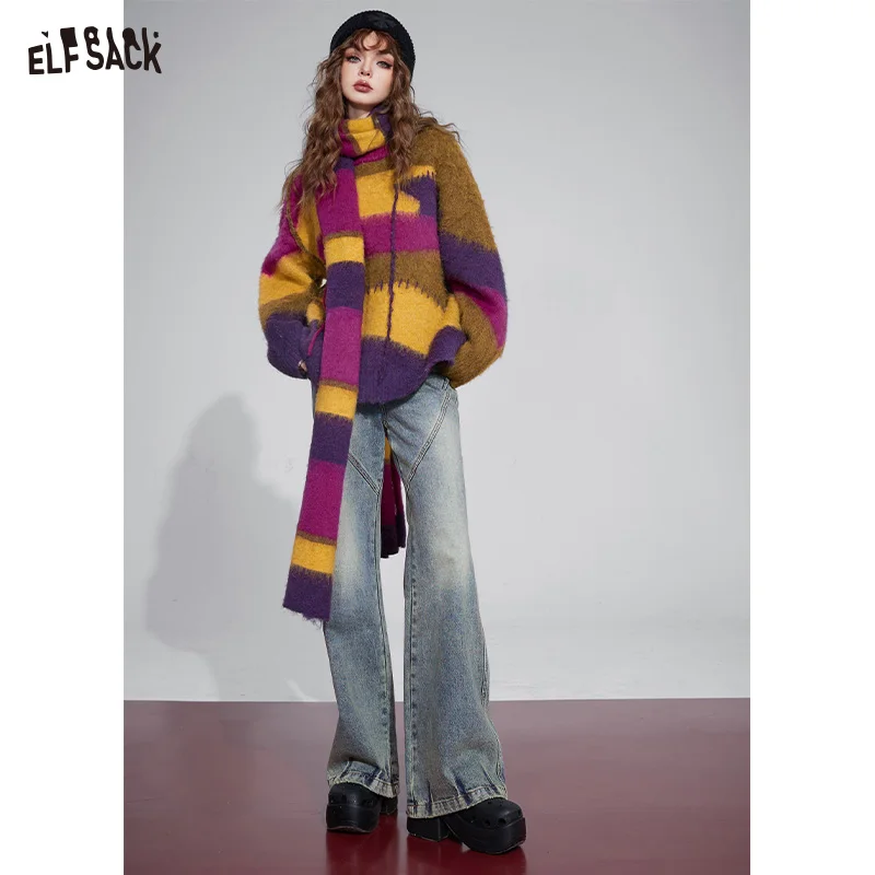 ELFSACK 2000s Korean Fashion Flared Trousers Women 2023 Winter New Designer Luxury Jeans