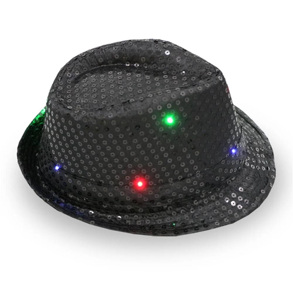 Imagem -05 - Unisex Led Piscando Jazz Cap Hip Hop Dance Show Chapéu de Lantejoulas Brilham no Escuro Fantasias de Festa Fedora Adereços de Palco Unissex 58cm