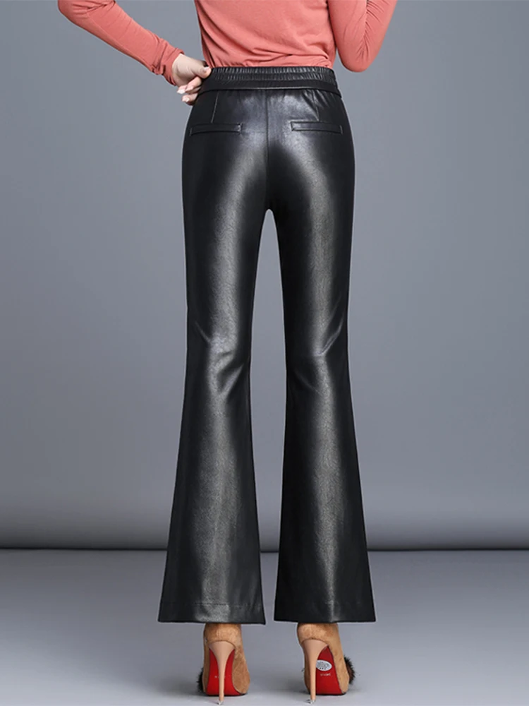 2025 Autumn/Winter New Leather Pants Women's High Waist Slimming Versatile Casual Micro Flared  Nine Cropped Pants