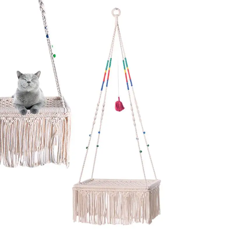 

Pet Hammock Bed Macrame Wall Mounted Swing Boho Bed Hammock Hand Woven Tassel Basket Swing Nest For Indoor Small Cats Kittens