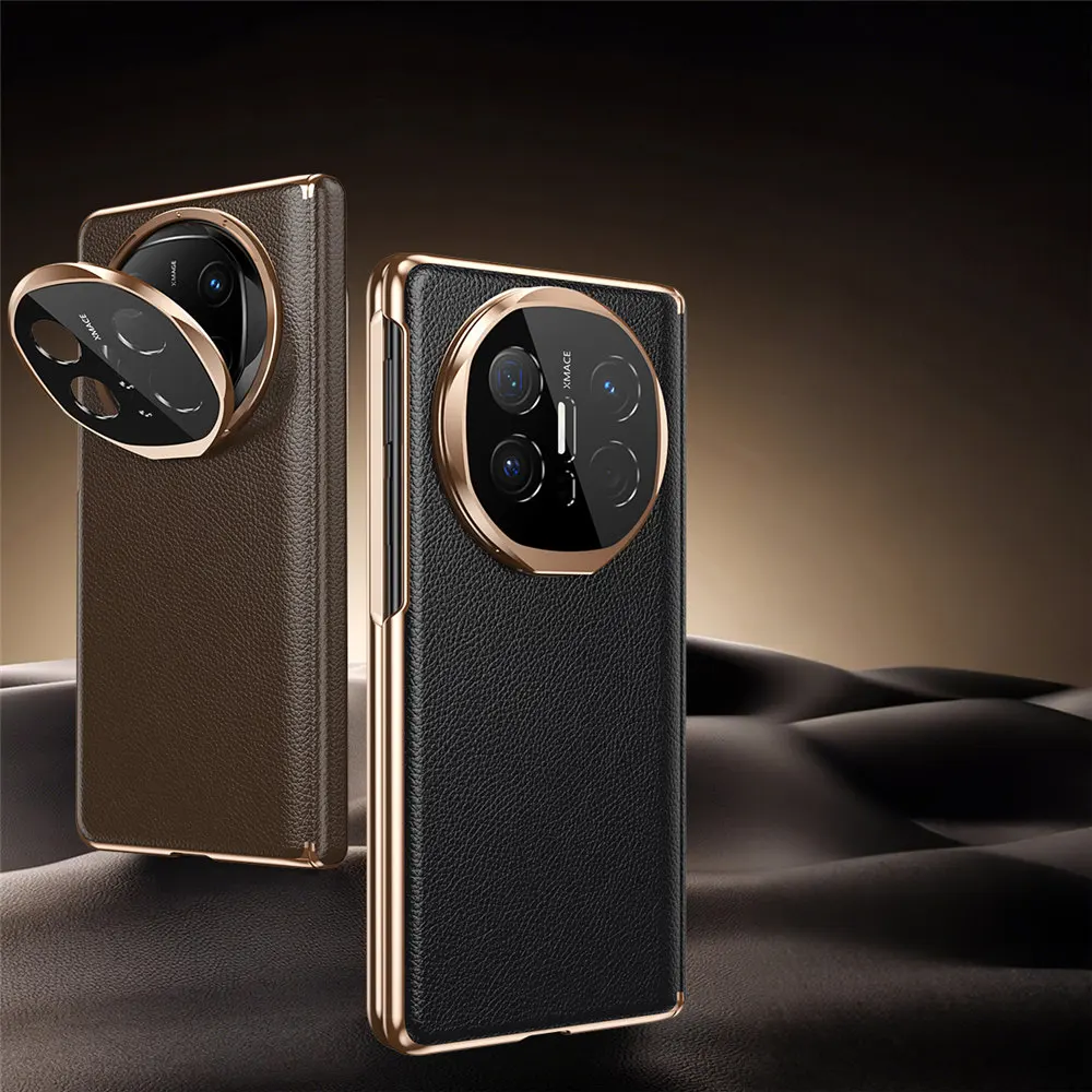 

Чехол из натуральной яловой кожи личи для Huawei Mate X6 X5 X3, стеклянная пленка, шарнирный держатель, чехол