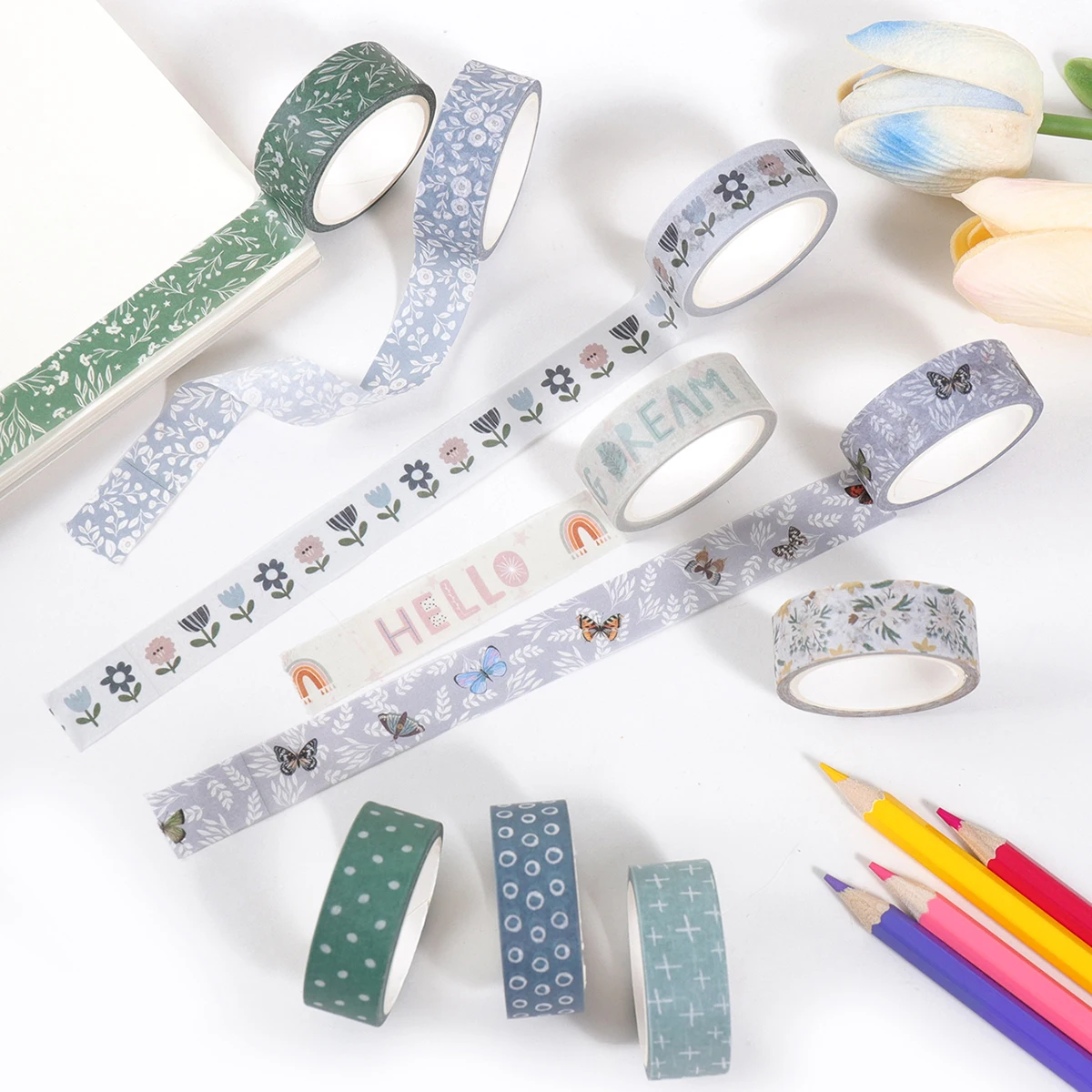 10ロール、植物の花の和紙テープ、ホリデーDIYフォトアルバムグリーティングカードギフトボックスの装飾、絶妙な装飾に最適