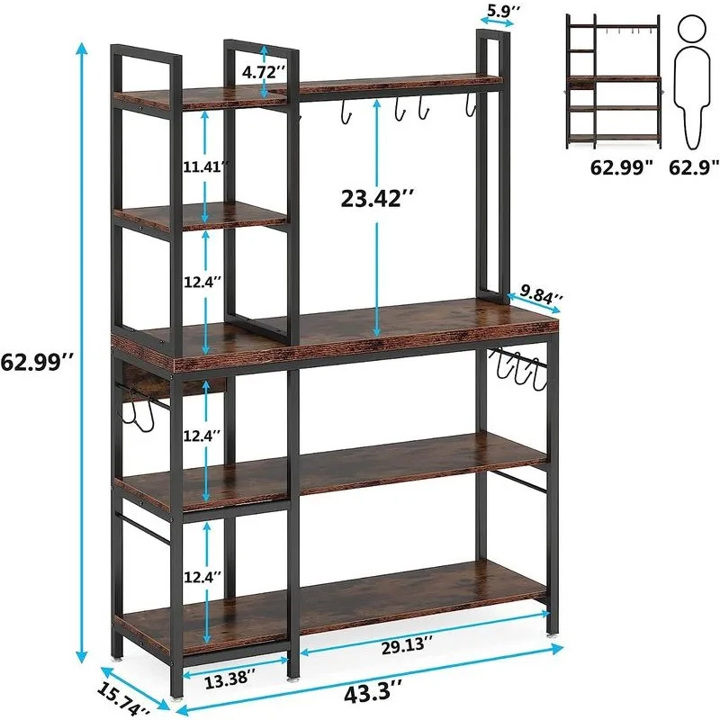 Tribesigns 63 Inch Tall Kitchen Racks, 5-Tier Bakers Rack with Storage and 10 Hooks for Kitchen Metal Organiser, Industrial