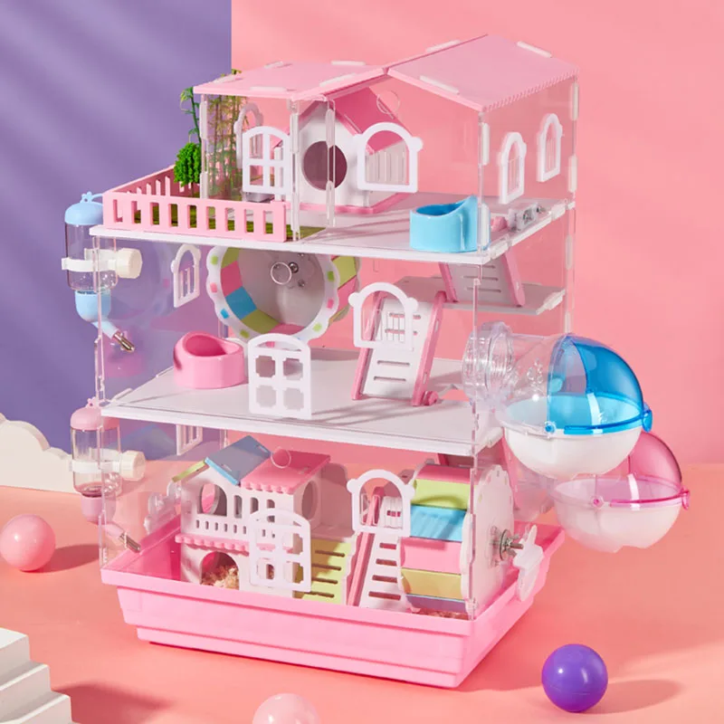 

2/3 Layers Transparent Hamster Cage Acrylic Small Animal Hedgehogs Rabbit Guinea Pig Villa Package Supplies Toy Set