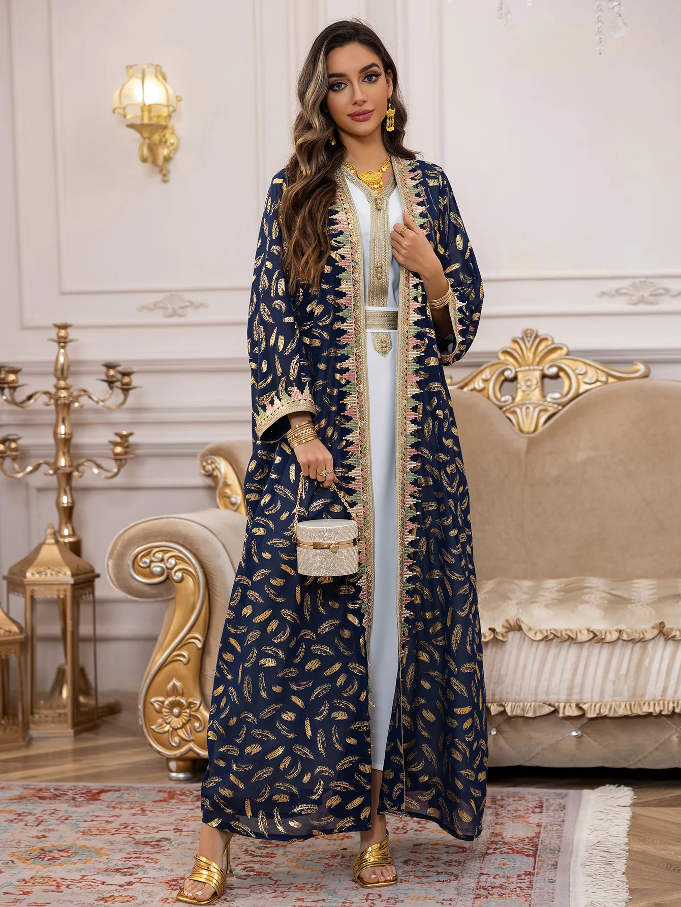 Ramadan Eid Evening Party Events Moroccan Women Chiffon Kaftan Dress Set- V-Neck Sleeveless Dress, Foil Print Butterfly Kaftan