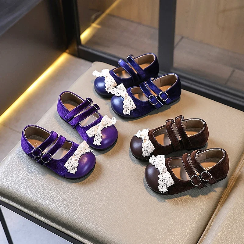 

New Children's Leather Shoes Spring Fashion Kids Performance Shoes Solid Color Bow Brown Purple Girls Causal Flats Single Shoes