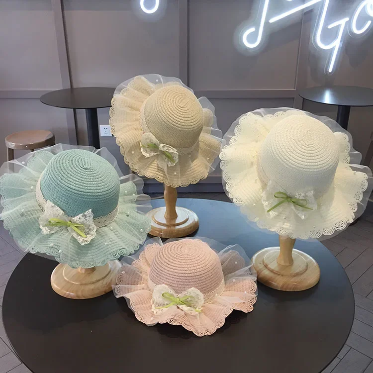 

Girl's Summer Lace Pearl Green Bow Princess Wide Brim Hat Beach Straw Fisherman Cap