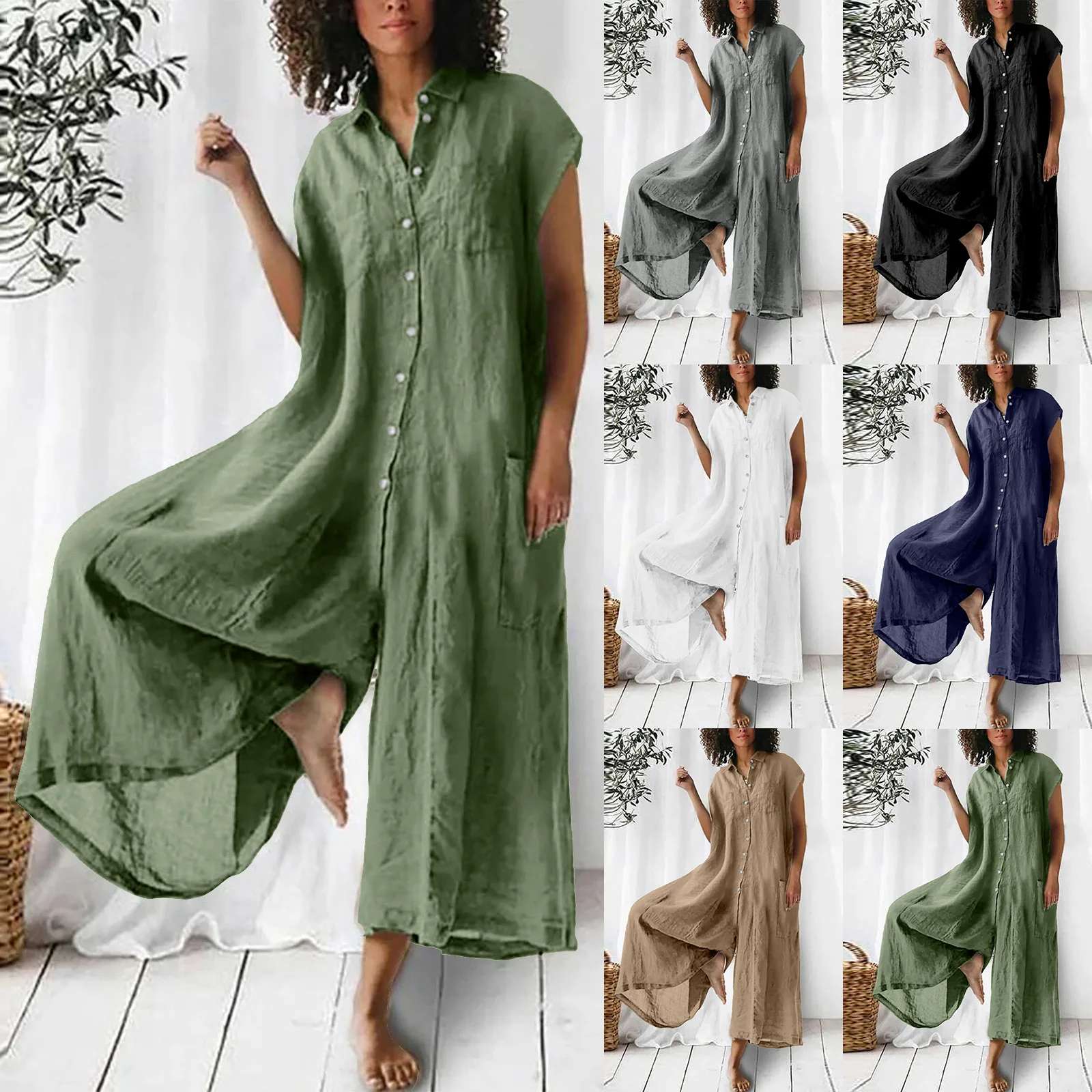 

ort Sve Cotton Linen irt Jumpsuit High Waist Wide Leg Pants Original Design Lightweight Summer Online Exclusive