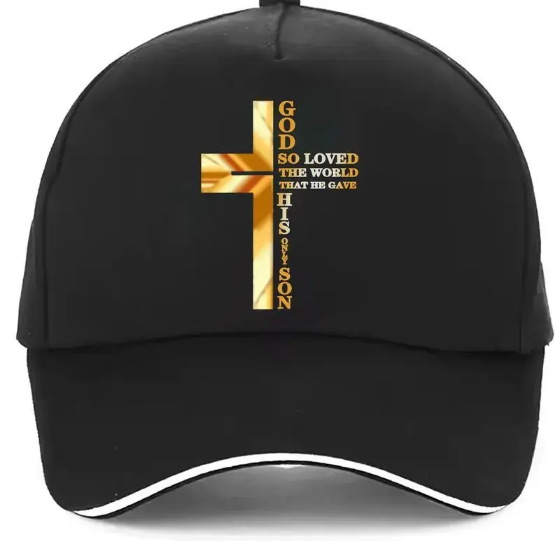 

John 3:16 Golden Cross Baseball Cap - Black with White Lettering & Yellow Cross Design, Soft Polyester Unisex Golf Hat