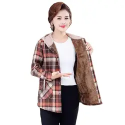 Fashion Hooded Add Velvet Plaid Shirt Tops Female 2023 New Middle-Aged  Elderly Women Shirt Autumn Winter Thicken Warm Coat