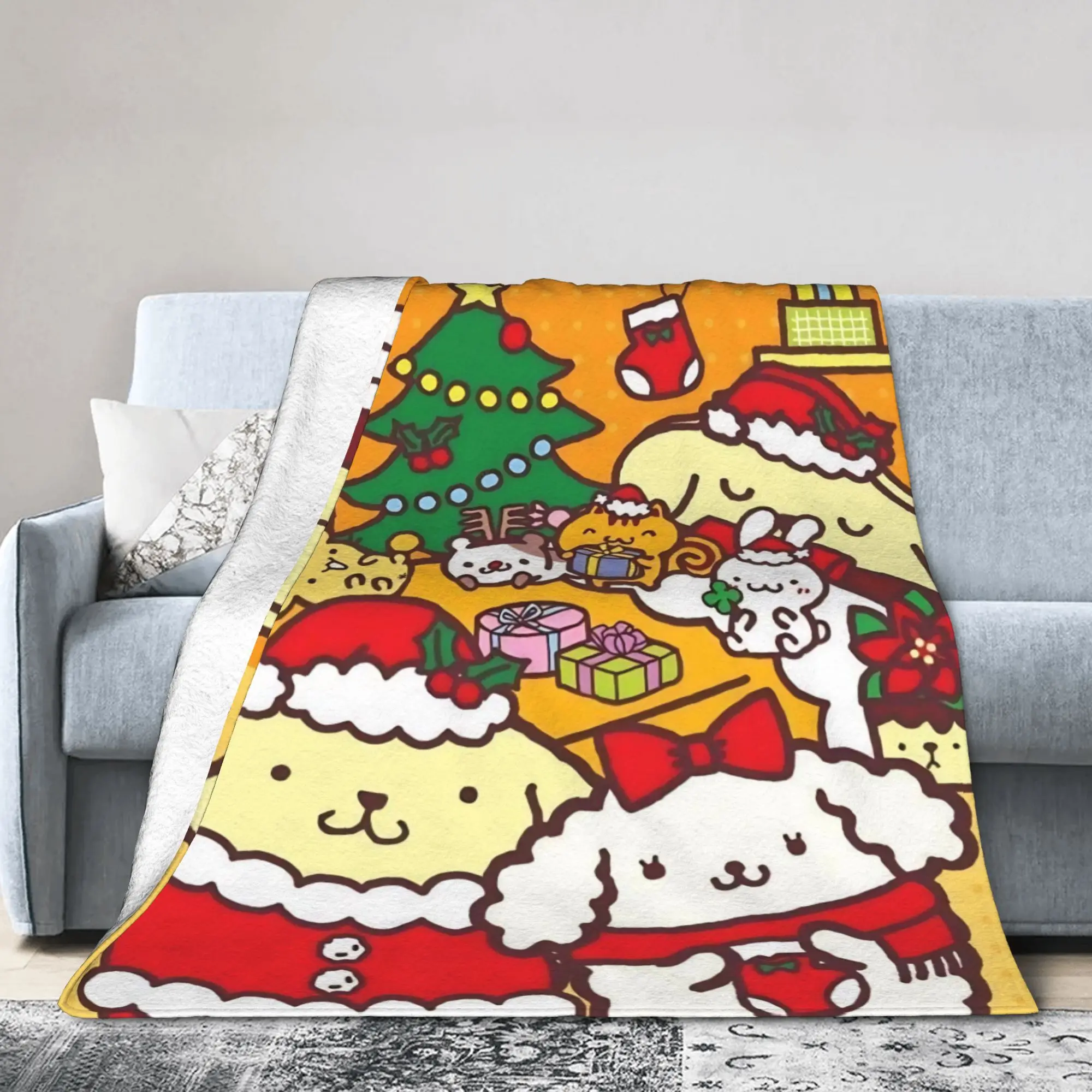 

Pom Pom Purin Kawaii Cartoon Blanket Coral Fleece Plush Spring Merry Chrismas Portable Throw Blanket Home Bedroom Bedding Throws