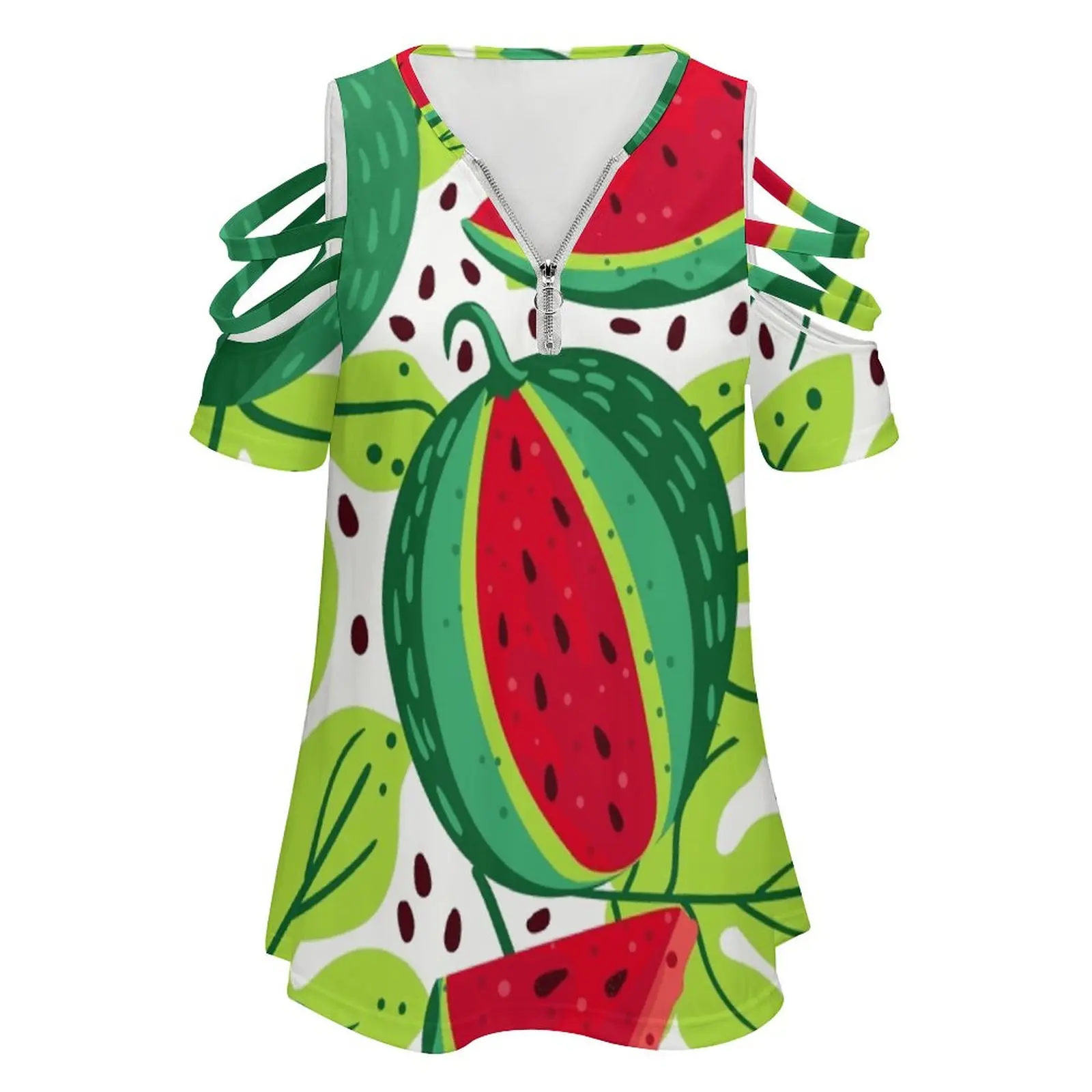 And Sweet Watermelon Women Zipper Sexy Printed Vintage T Shirts Tops Full Print T-Shirt Sweet Watermelon Summer Red Green Seeds