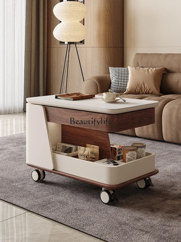 

FG40Cream Wind Movable Side Table Sofa Side Cabinet Trolley Lifting Stone Plate Tea Table