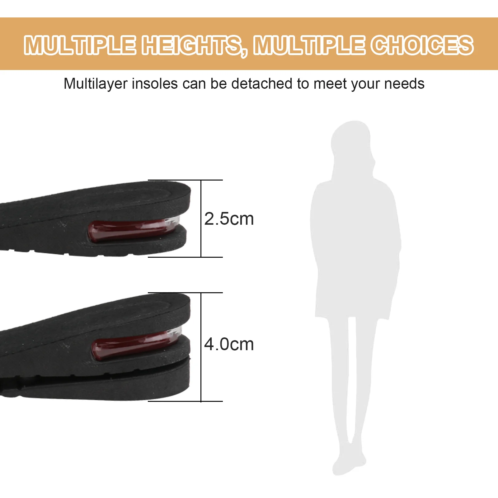 

1 Pair Height Increase Insoles Detachable Multi-Layer Shockproof Shoe Inserts Size Adjustable Cut-To-Fit Cold-Resistant Wearable