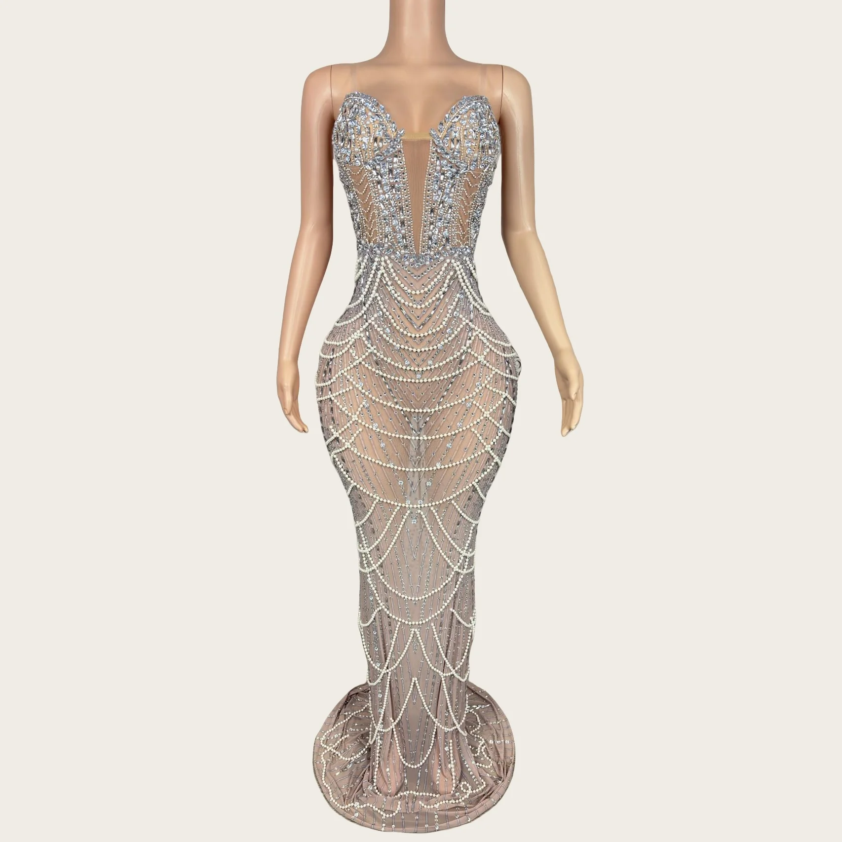 

Zhenzhulian Sparkly Crystals Pearls Mesh Luxury Evening Dress High-end Fashion Women Cocktail Nightclub Prom Tight Fitting Gown