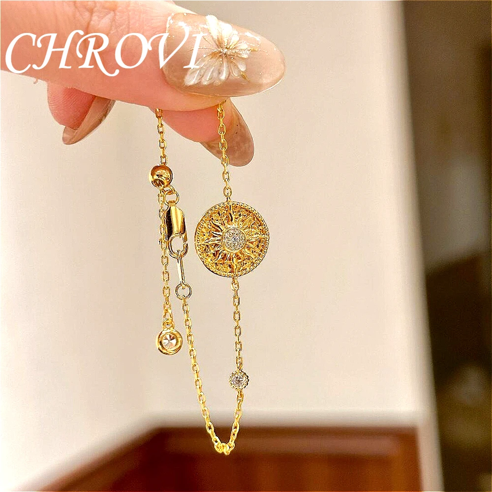 Retro 925 sterling silver divine round gold-plated compass luxury casual minimalist star-shaped sequin bracelet - Women's style