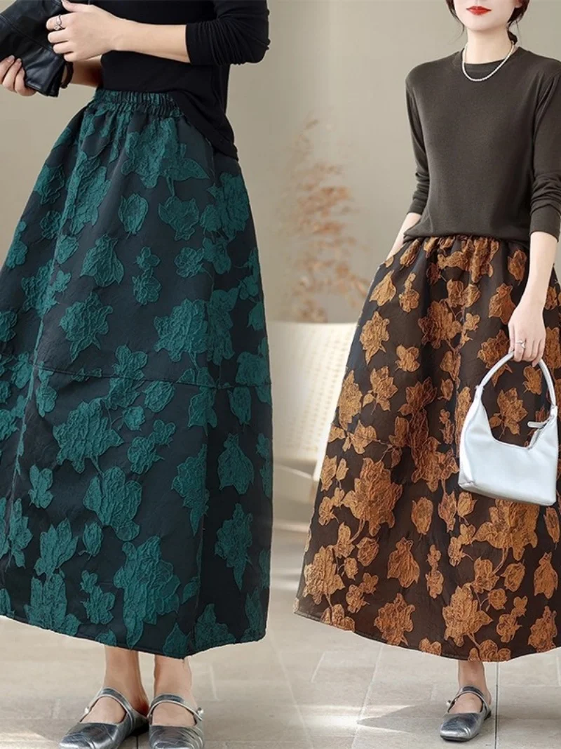 

Осень/зима 2022, новая рельефная жаккардовая юбка для женщин, повседневная универсальная юбка с высокой талией и бутоном цветка Mujer Faldas W990