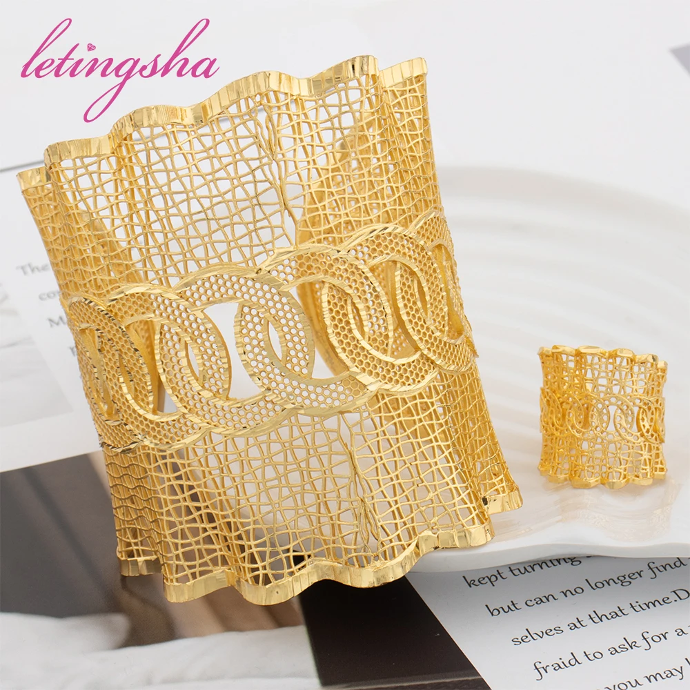 Hohles Modisches Goldfarbenes Manschettenarmband, Ring, Kupferlegierung, Vergoldeter Schmuckset, Armreif für Damen, Täglicher Gebrauch, Party, Hochzeitsgeschenke – Detail 19