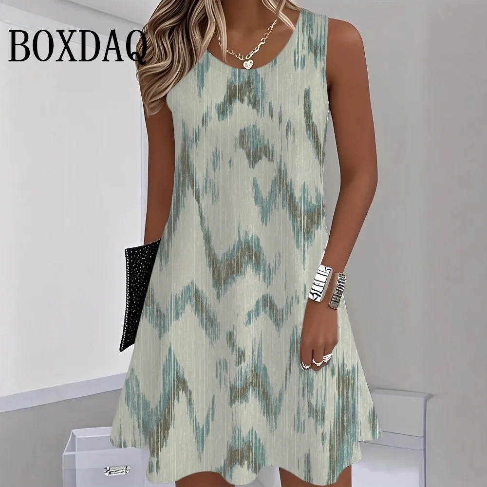 2026 New Summer Women's Tank Short Dress Loose Sundress Striped Printed Round Neck Dress Casual Fashion Beach Sleeveless Dresses