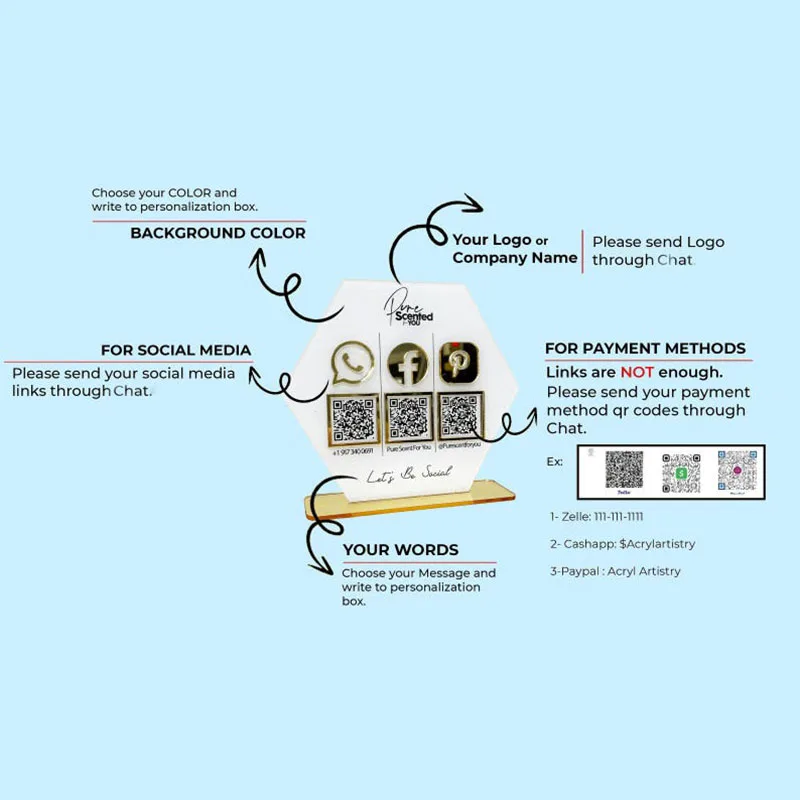 علامة الوسائط الاجتماعية لرمز الاستجابة السريعة القابل للتخصيص، حامل أعمال أكريليك مثالي للمقاهي والحانات والمحلات التجارية وخيارات الدفع للروابط الاجتماعية