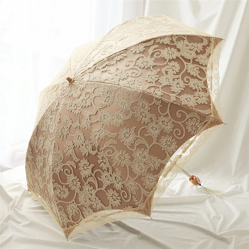 Lace Flower Woman Sun Umbrella Vintage Wedding Party Decor Sunshade UV Protection Wind Resistant Parasol 3 Fold Crystal Handle