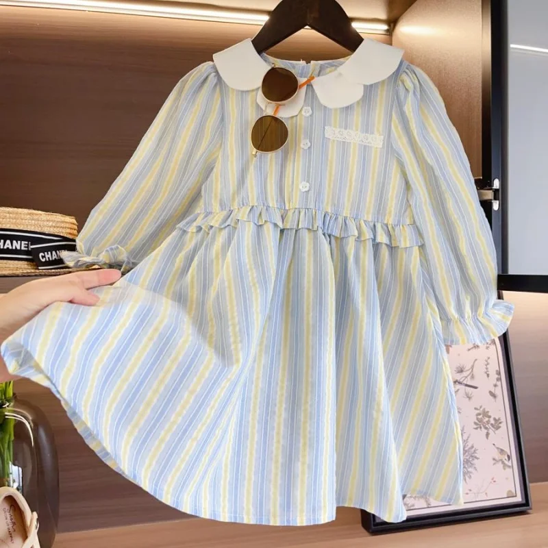 2025 Spring New Girls Dress Petal Collar Full Sleeve Blue Striped Long Dresses 1-8Y Children Breathable Outfits Vestidos