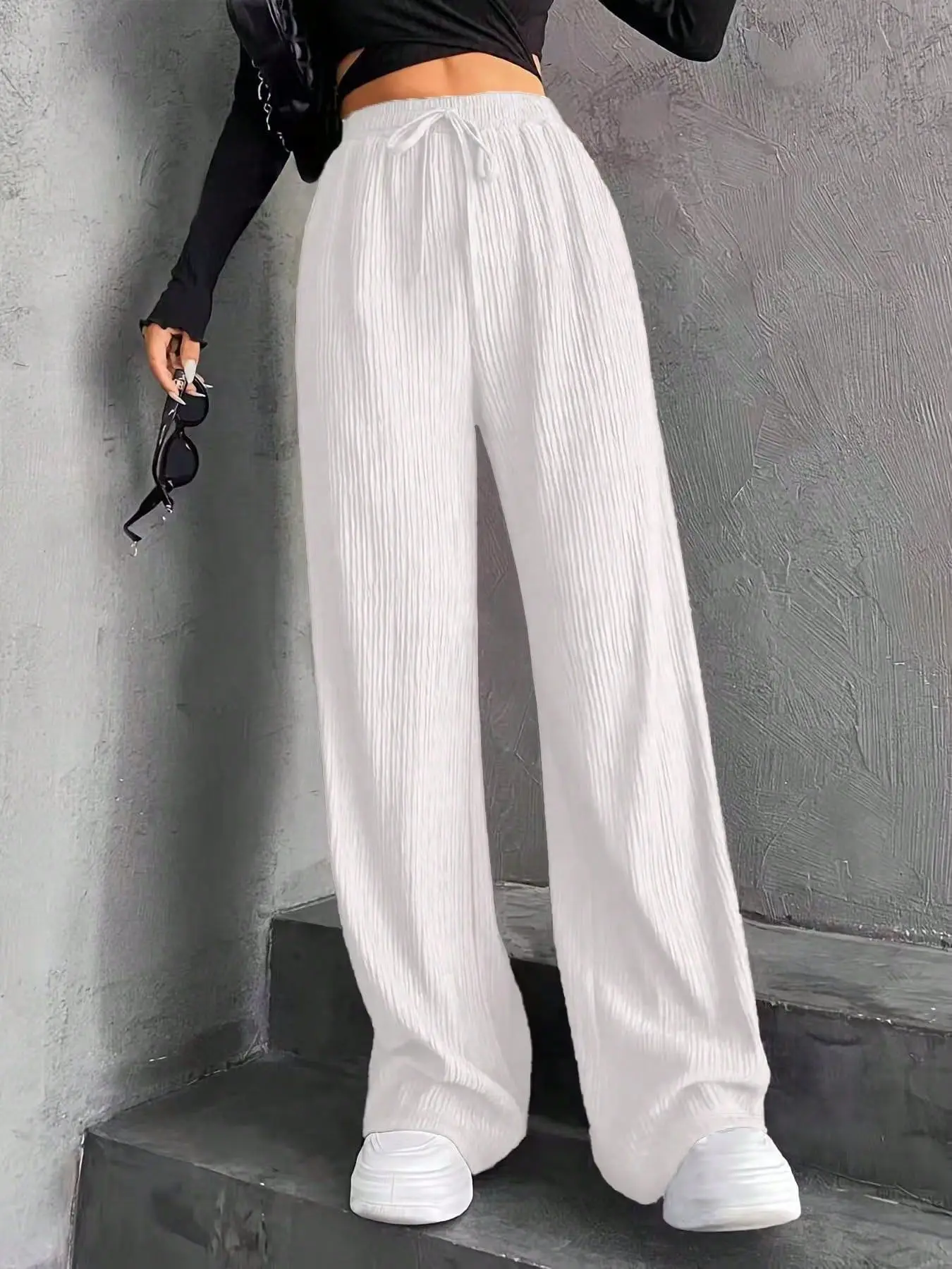 Nieuwe stijl, gedrapeerde, vloerlange, casual losse effen broek met hoge taille en niche-ontwerp