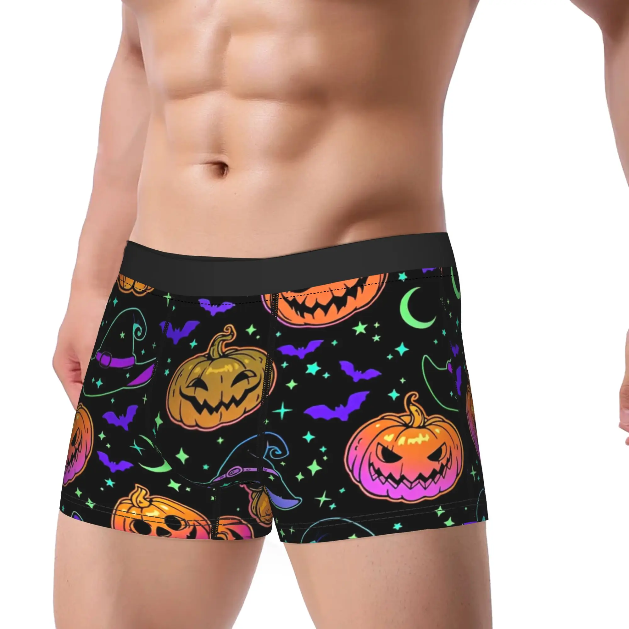Funny Boxer Psychedelic Neon Halloween Pumpkin Shorts Panties Briefs Men's Underwear  Soft Underpants for Male Plus Size