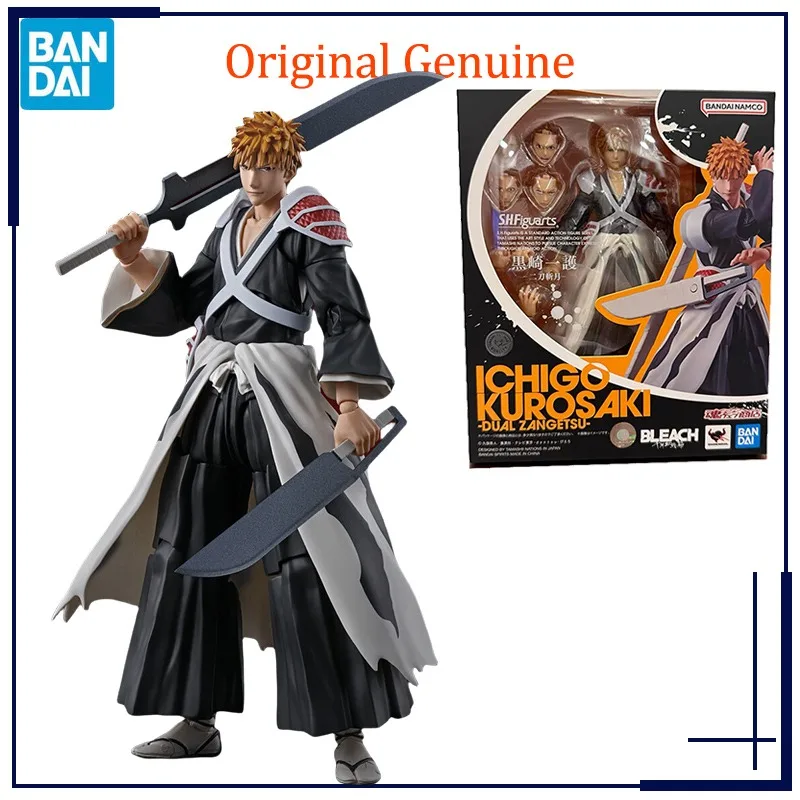 Original Genuine Bandai BLEACH Anime Ichigo Kurosaki Dual Zangetsu SHF Model Toys Action Figure Gifts Collectible Kids Boys Girl