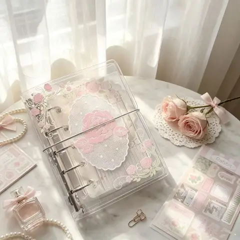 PVC M5 Pocket Notebook 5 Hole with Elastic Band Binder Journal Romantic Vine Rose Print M5 Pocket Planner School Office Supplies